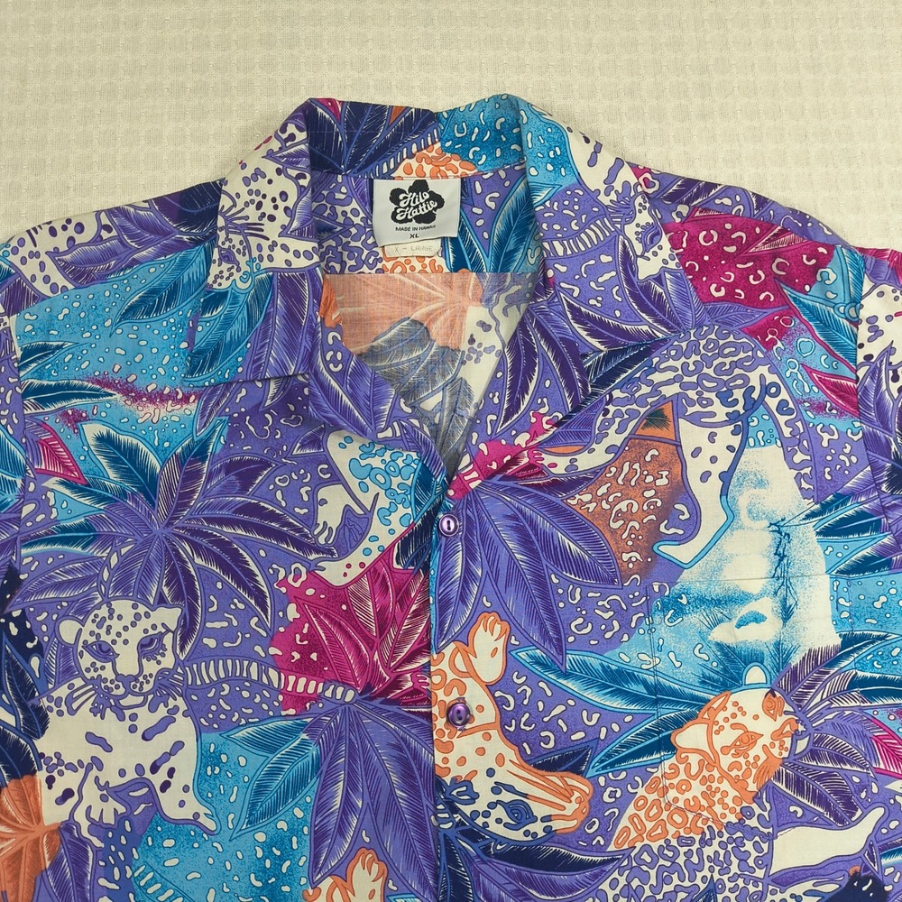 Hilo Hattie Mens XL Hawaiian Shirt Purple Leopard Jungle Print Hawaii 559 - Picture 3 of 9